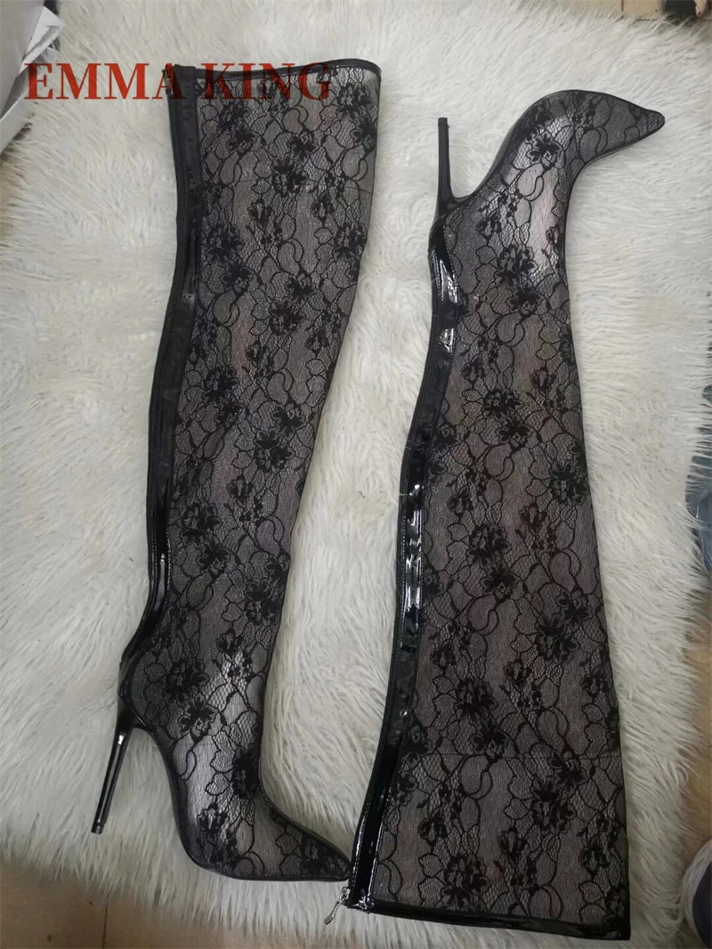 Spring Women Lace With PVC Thigh High Boots Sexy Pointed Toe Stiletto High Heels Transparent Over The Knee Boots Bigger Size 44