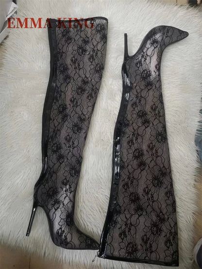 Spring Women Lace With PVC Thigh High Boots Sexy Pointed Toe Stiletto High Heels Transparent Over The Knee Boots Bigger Size 44