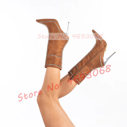 Pointed Toe Rivets Trim Heeled Ankle Boots Women Trendy Bling Studded Suede Leather Booties Luxury Side-zip Metal Dacor Shoes
