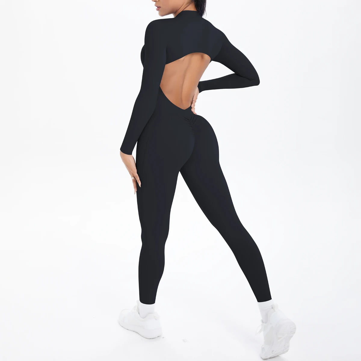 Solid Color Bodysuits for Woman's Backless Long Sleeved Zipper Yoga Jumpsuits High Dtrength Workout Sports Fitness Clothing Set