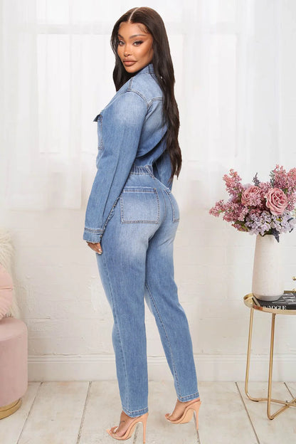 Women Autumn Turn Down Collar Loose One Piece Full Sleeve Tight High Waist Overalls Slim Denim Jumpsuits Long Pants Rompers