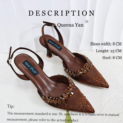 QueenaYan Slip-on High Heels and Matching Small Bag Nigeria Fashionable Party Pointed Shoes with Bag or A Pair of Work Shoes