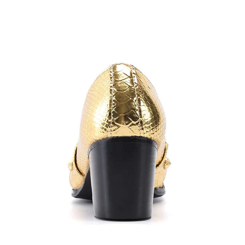 Large men's metal pointed gold rivet printed striped splicing high-heeled leather shoes club party leather formal shoes