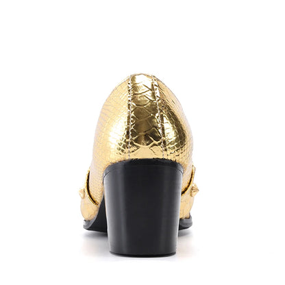 Large men's metal pointed gold rivet printed striped splicing high-heeled leather shoes club party leather formal shoes