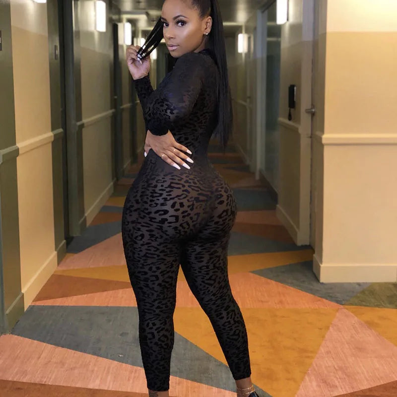 Flocking Leopard Night Party Rompers Womens Jumpsuit One Piece Club Outfit See Through Long Sleeve Zip Skinny Jumpsuits Overalls