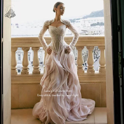 LunaV Elegant Evening Dresses Sexy V-Neck Long Sleeve Beaded Layered Ruffled High Slit Prom Dress Formal Vestidos Customized