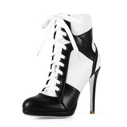 Women High Heel Black White Sports Ankle Boots Slim High Heel Lace Up High Top Sport Boots Plus Size 43