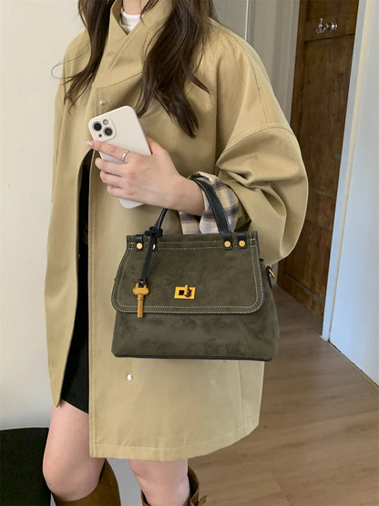 High Quality Retro Top-handle Bags For Women 2025 Winter New Designer Handbags Luxury Flap Shape PU Suede Shoulder Crossbody Bag