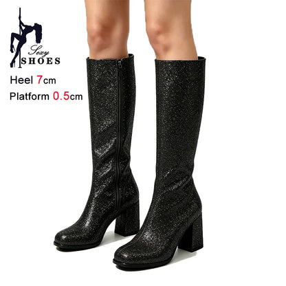 7CM Block Heel Pink Glitter Knee High Boots Women Square Toe Side Zipper Fashion Long Shoes Party Nightclub Long Pipe Booties