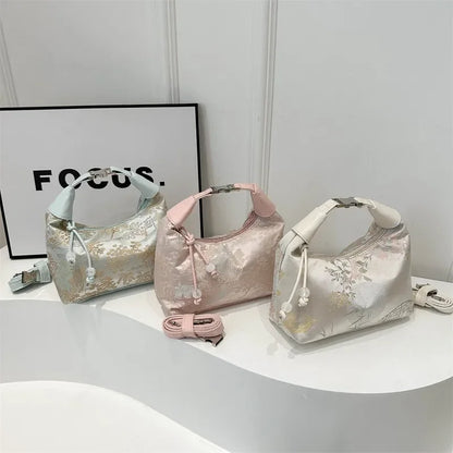 Fashion Luxury Women Embroidery Shoulder Bag Nylon Pearl Pendant Bucket Bag Versatile Handbag Retro Women Crossbody Bags сумка