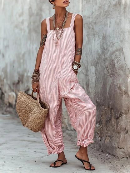 Women Print Striped Jumpsuits Sleeveless Square Neck Spliced Pocket Wide Leg Pants Casual One Piece Rompers Tank Summer 2026
