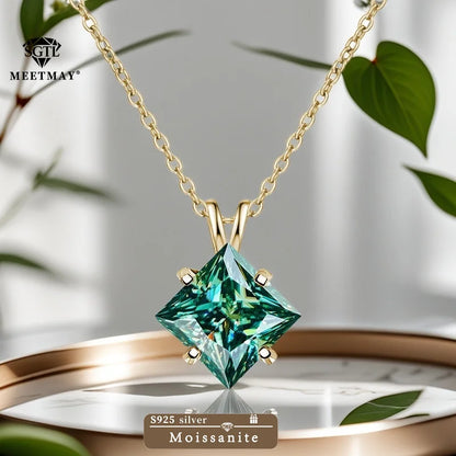 BOCARMAN S925 Sterling Silver Necklace with Colorful Princess Cut Moissanite Inlay Clavicle Chain Pendant for Women Gift