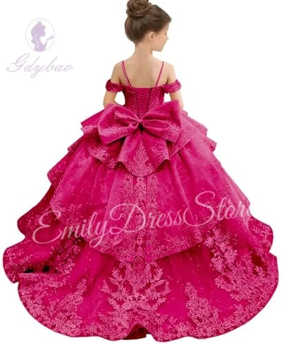 Customized Pink Flower Girl Dress For Wedding Bowknot Appliques Short  Sleeve Floor Length Kids Birthday First Communion Gown
