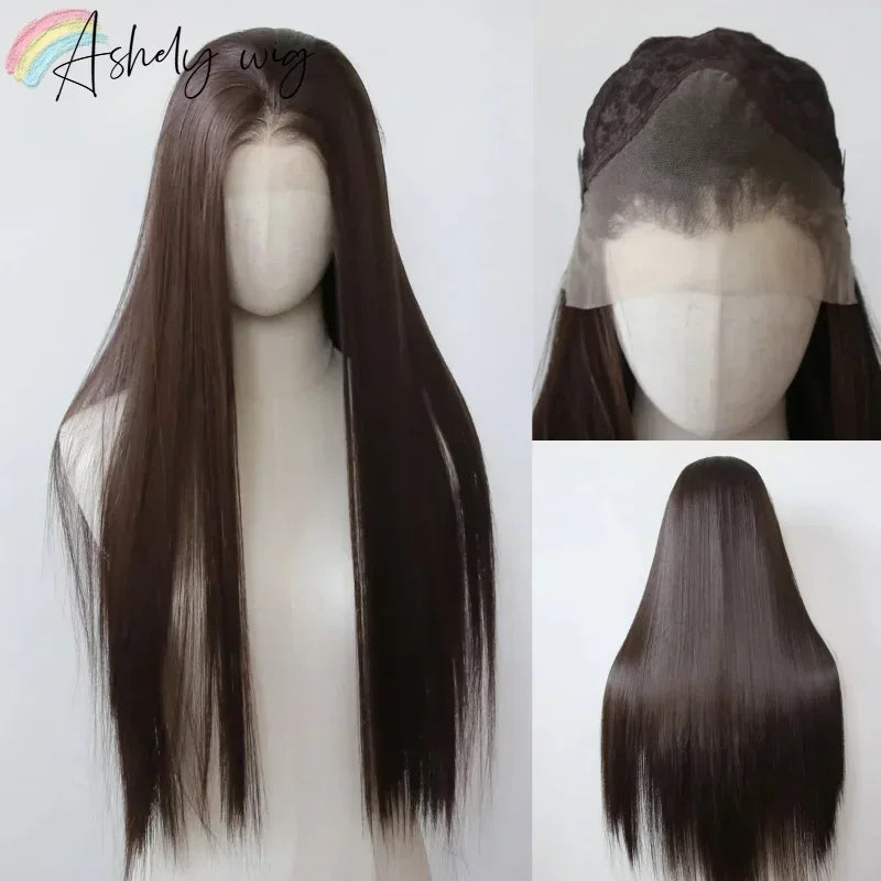 Ashely 13*4 Dark Brown Synthetic Lace Front Wigs Brown Long Straight Lace Front Wig for Women Pre Plucked Natural Hairline