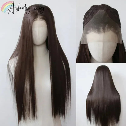 Ashely 13*4 Dark Brown Synthetic Lace Front Wigs Brown Long Straight Lace Front Wig for Women Pre Plucked Natural Hairline