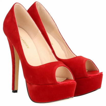 2026 Women Pumps New Fashion 14cm Sexy Peep Toe High Heels Velvet Platform Thin Heel Lady Party Dance Red Wedding Woman Shoes