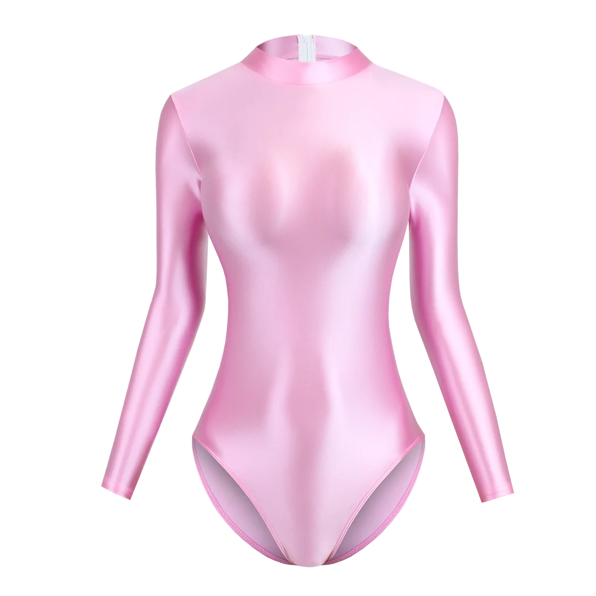 Satin Glossy Leotards Long Sleeve Back Zipper One Piece Swimsuit Sexy High-Cut Bikini Bodysuit Women Bathing Suit Plus Size