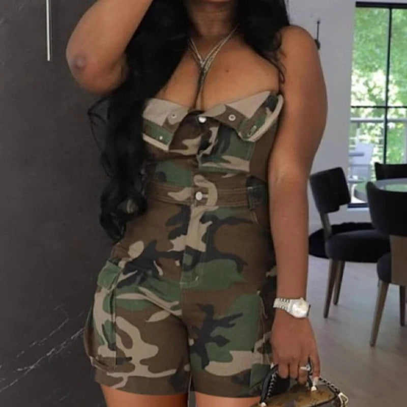 Camo Printed Women Shorts Jumpsuits Sleeveless Button Up Playsuit 2025 Summer New Streetwear Y2K Fashion Cargo One Piece Rompers