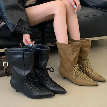 New Fashion Cross-tied Pointed Toe Women Ankle Boots Autumn Winter Thin Low Heels Party Dress Ladies Short Booties Shoes