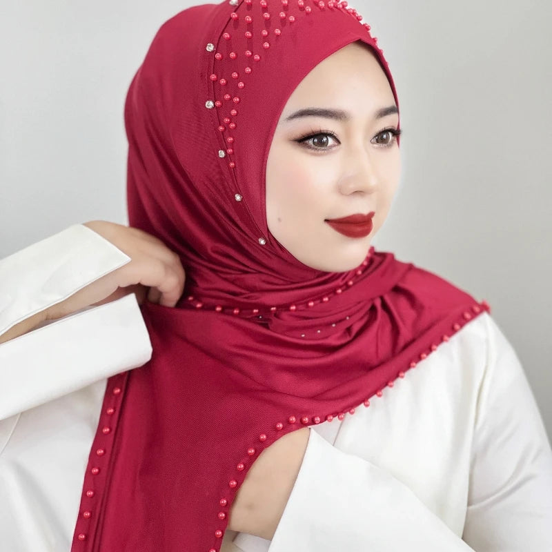 2026 Fashion Versatile Beaded Hijab for Women,Mid-Length Convenient Pull-over Hat Scarf,Malay Shawl Pure Color Women's Headscarf