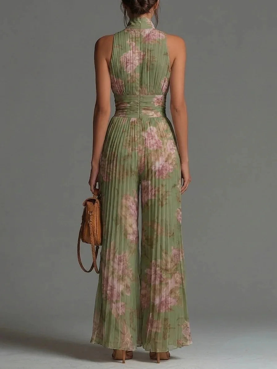 Women Elegant Chiffon Sleeveless Jumpsuit High Waist Pleated Flowy Wide Leg One Piece Overalls Holiday Casual Streetwear Rompers