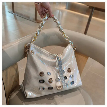 2026 New Fashion Diamonds Women Handbags Genuine Leather Tote Bag Large Capacity Work Commute Leisure Versatile Shoulder Bags