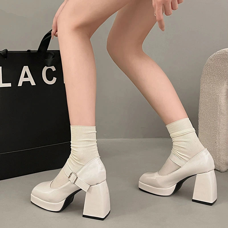 Lady's sexy ankle strap platform high-heeled shoes black leather square toe fashionable party style shoes large size for summer