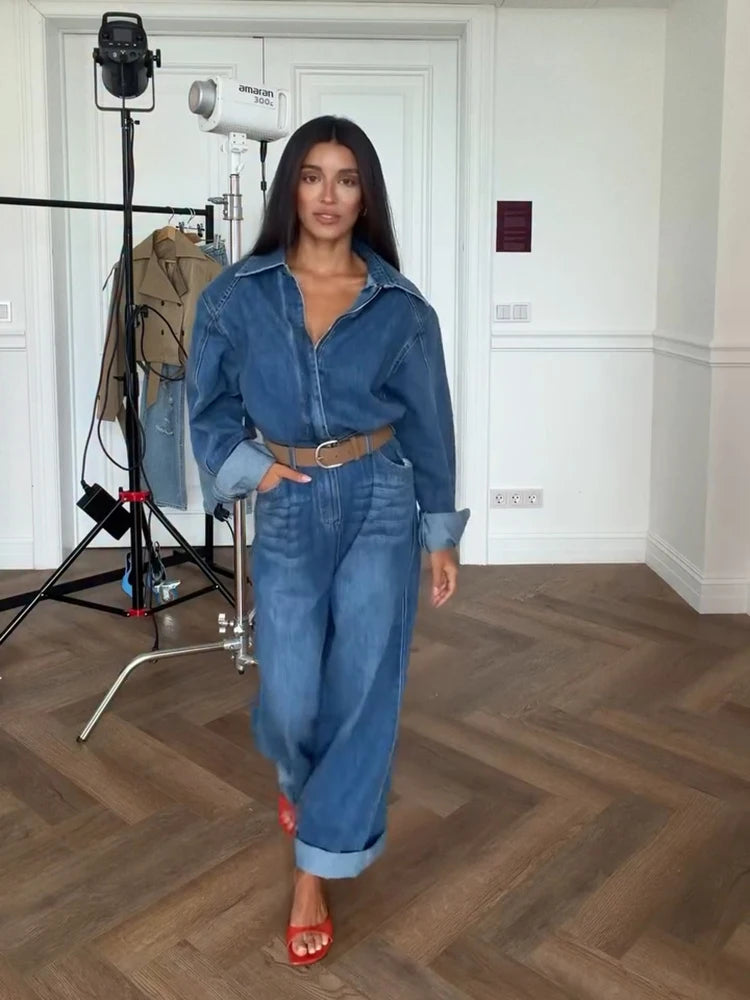 Casual Denim Long Jumpsuits Women Lapel Long Sleeves Zipper Belts Loose Pants Bodysuits Female 2026 Autumn New Chic Streetwears