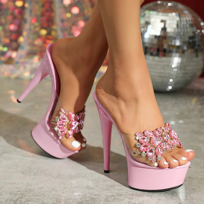 Luxury Rhinestones Transparent Slippers Women Platform Thin High Heels Model Catwalk Sandals 15CM Summer Night Club Stage Shoes