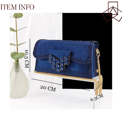 Queen Yan New Arrival Mature Style Embroider and Rhinestone Design Party Wedding Pointed Toe High Heel and Bag Set in Navy Blue