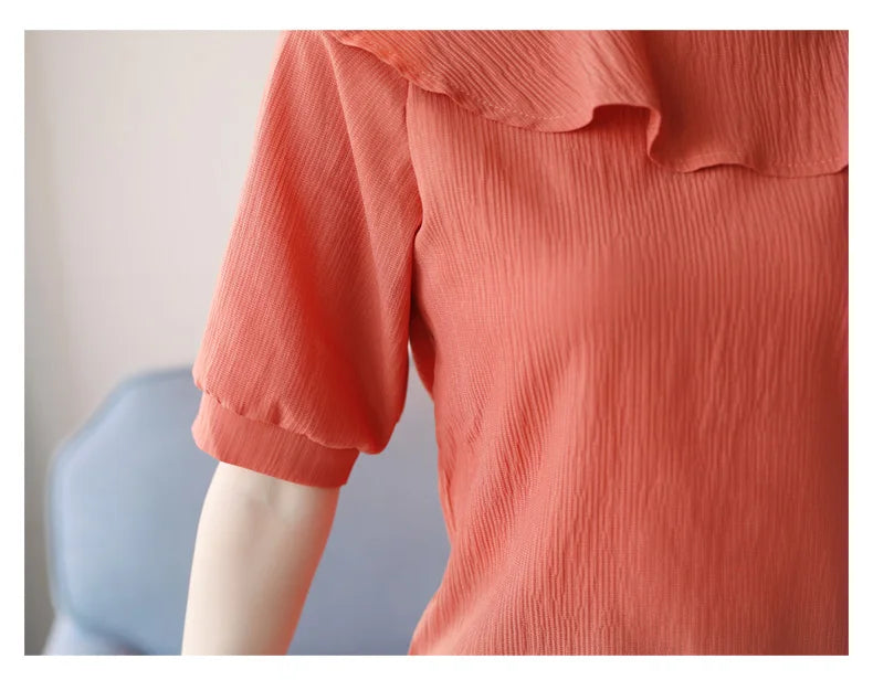 Women's Shirt Tops One-Shoulder Ruffles Short-sleeved Chiffon Blouse