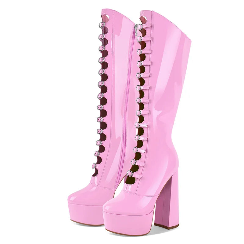 Onlymaker Women Pink Platform Multibuckle Strap Knee High Boots Big Size Comfy Female Side Zipper Mondern Boots