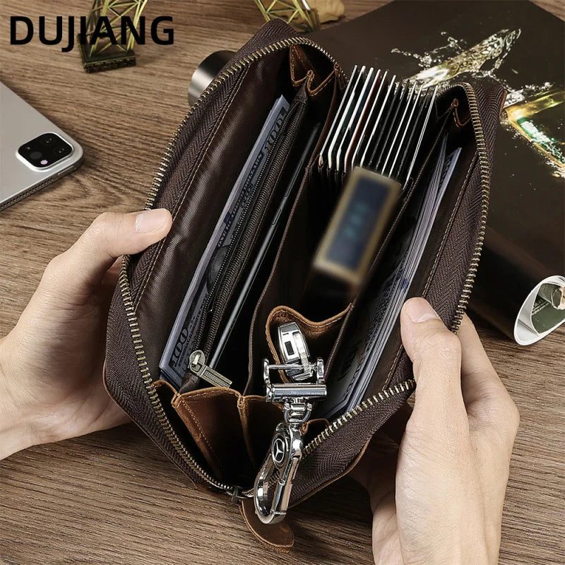 Men's Clutches Long Handbag Business Vintage Cow Leather Man Long Wallet For Men And Woman Oil Wax Zipper Bag Purse