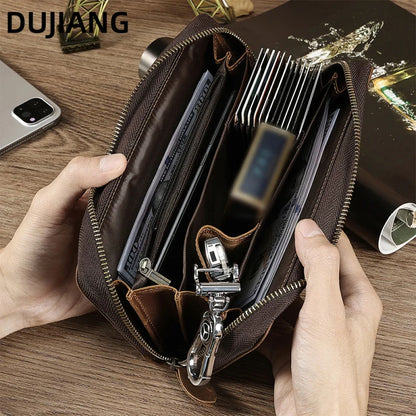 Men's Clutches Long Handbag Business Vintage Cow Leather Man Long Wallet For Men And Woman Oil Wax Zipper Bag Purse