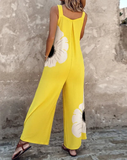 Summer Fashion Thick Strap Jumpsuits for Women Vintage Floral Printed Off Shoulder Wide Leg Loose Straight Jumpsuit with Pocket