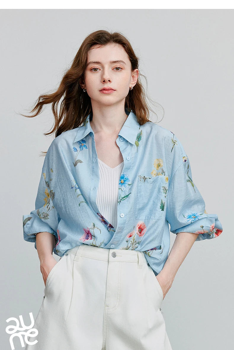 TOYOUTH Women Shirts 2026 Summer New Linen Lyocell Print Fresh Mid Length Floral Blouse Tops