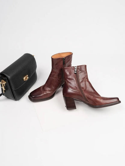 Elegant Office Ladies Chunky Heels Genuine Leather Short Boots Square Toe New Designer Shoes Women Vintage Cowhide Ankle Boots