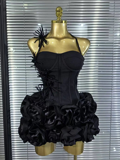 High Quality Black Red Women Sexy Halter Full Florals 2 Pieces Set Bodycon Mini Bandage Dress Celebrate Nightclub Party Wear