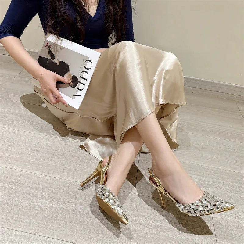 Aneikeh Fashion Stiletto Pumps Summer Silvery Rhinestone Hollow Strap High-heeled Sandals Women Wedding Banquet Shoes