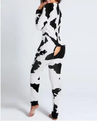 Adult Long Sleeve Pajamas Button Flip Cover Women's 1Piece Loungewear Butt Button Back Flap Jumpsuit Sleepwear Romper Home Wear