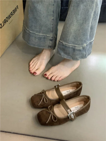 Women's Square Toe Shoes New Luxury Bow Flats Ladies Ballet Silver Belt Buckle Footwear Elegant Fashion Mary Jane Shoes Zapatos