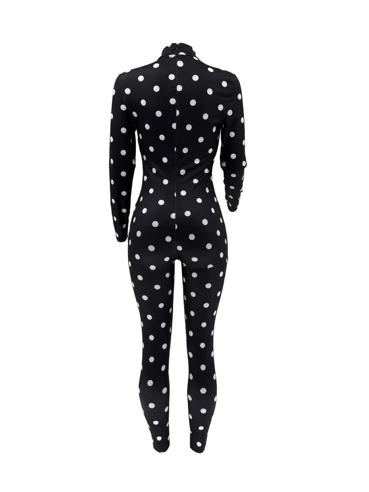 Sexy Women Polka Dot Bodycon Jumpsuit High Neck Long Sleeve Slim Fit One Piece Y2K Clubwear Party Outfit