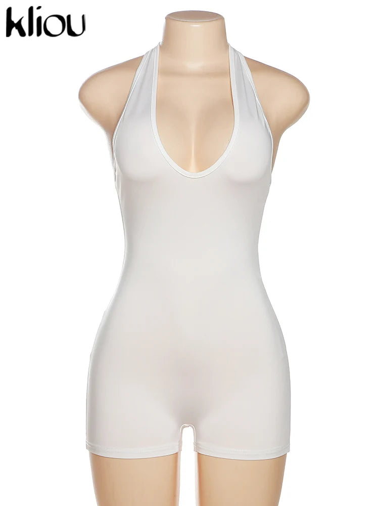 Kliou Casual Halter Rompers Women Sporty Concise Solid V-neck Sleeveless Cleavage Backless Skinny Playsuits Female Activewear
