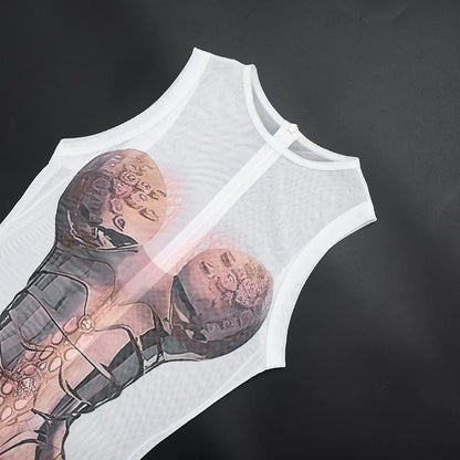 FAGADOER Fashion Scale Printing Patchwork Bodycon Jumpsuits Woman See Through Sleeveless Rompers Female Streetwear Overalls New