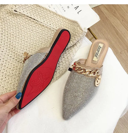 2025 New Summer Shoes for Women Luxury Slipper Girl Bling Crystal Chain Casual Flat Sandals Girl Pointed Toe Slides