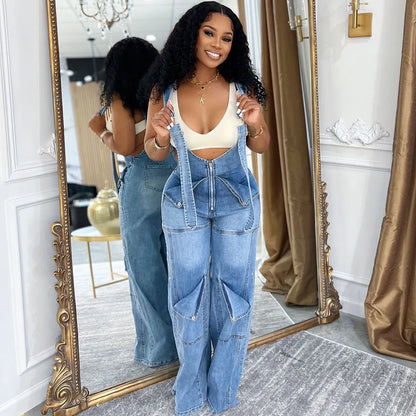 Jumpsuit Women Suspenders Overalls Zipper Denim One Piece Mom Jeans Wide Leg Long Pants High Waist Rompers Y2k Streetwear Summer
