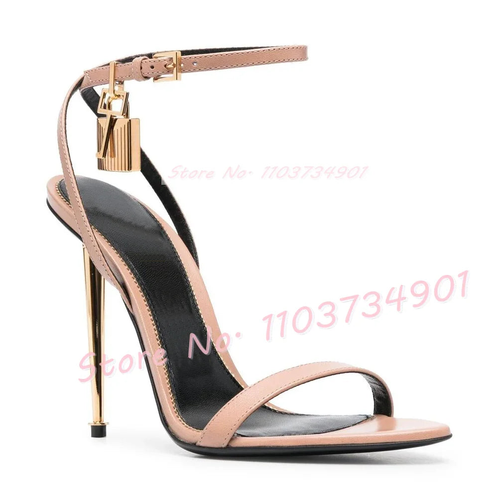 Metal Heel Lock Metallic Leather Sandals Female Luxury Open Toe Stiletto High Heels Shoes Lady Elegant Party Ankle Strap Sandals