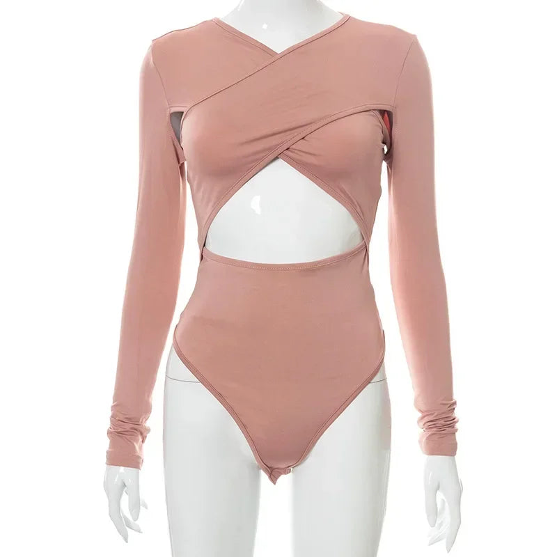 Summer New Women's Jumpsuit Solid Color Cross Hollow Long Sleeve Revealed Waist Slimming Smooths Your Silhouette