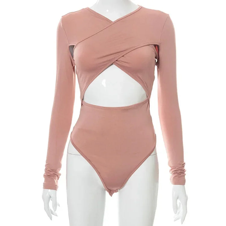 Summer New Women's Jumpsuit Solid Color Cross Hollow Long Sleeve Revealed Waist Slimming Smooths Your Silhouette