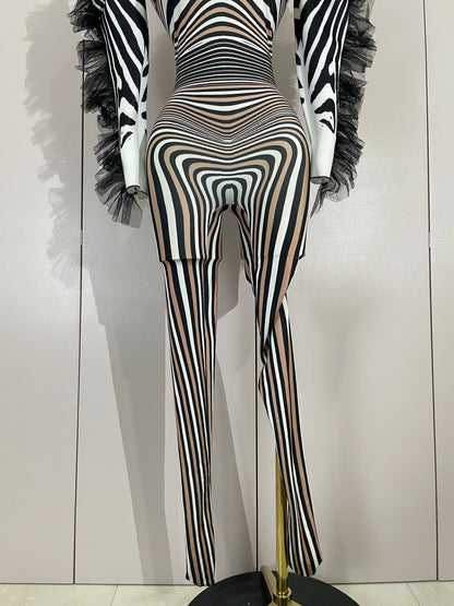 Women Zebra Stripes Long Sleeve Bodycon Jumpsuit Two Piece Set Birthday Party Nightclub Stage Performance Festival Rompers
